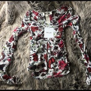 DIANE VON FURSTENBERG MESH FLORAL LONG SLEEVE TOP